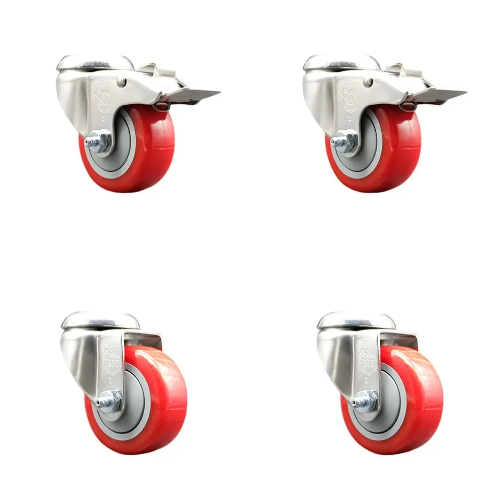 Service Caster SCC-SS316BHTTL20S3514-PPUB-RED-2-S-2 Polyurethane Swivel Bolt Hole Caster with 3.5 in. Red Caster Wheels - 316 Stainless Steel Casters - Set of 4