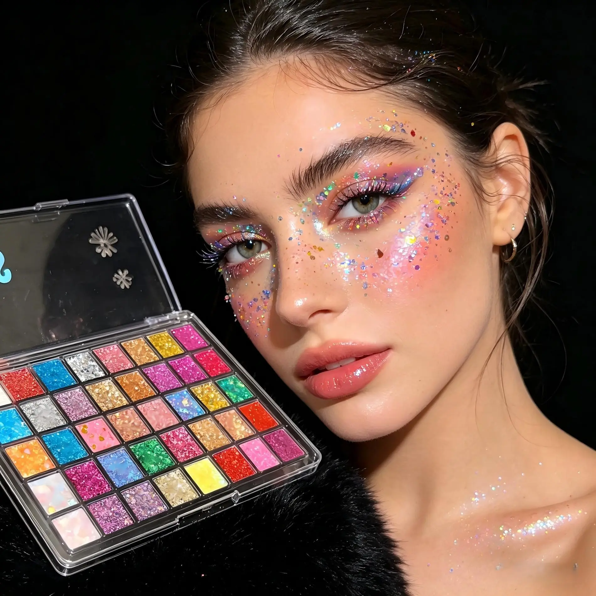 Glitter Shimmering Eyeshadow Palette, Sparkly Shimmer Eyeshadow, Glitter Eyeshadows, Makeup, Cosmetic, 40 Colors, High Gloss, Long-Lasting, No Glue Needed, Perfect for Stage, Parties, Cosplay, Kids' Shows