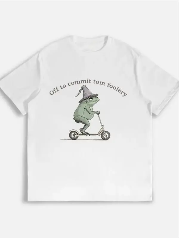 Frog T-shirt. Funny Weirdcore Sayings Unique Tshirt Tee Adults Men Women Graphic Sarcastic,Off To Commit Tom Foolery Wizard Frog Scooter Graphic Cotton Short Sleeve T-Shirt Unisex Vintage Cute Humor Tee Casual Streetwear Gift For Men Women Daily Outfit