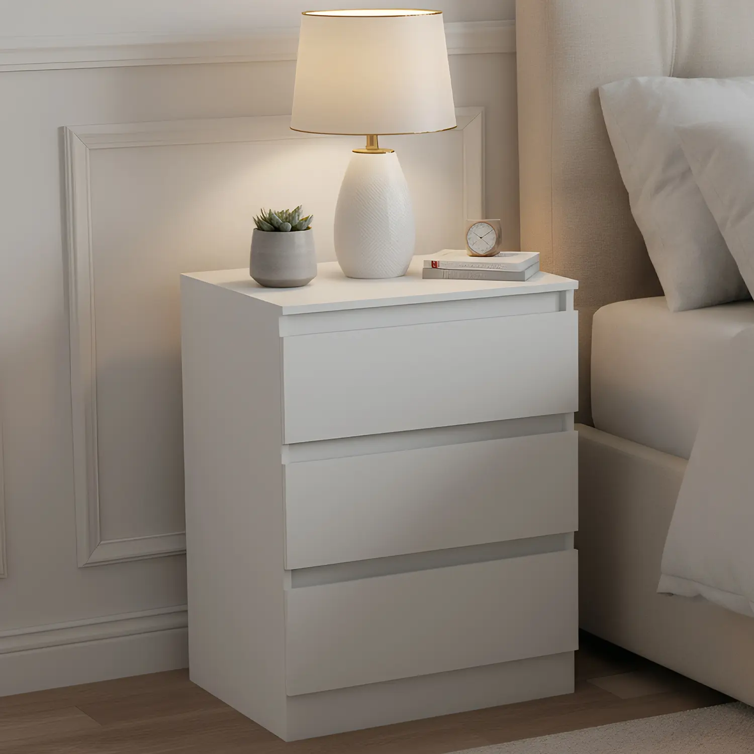 Modern Minimalist Nightstand with 3 Drawers,Handle-Less Wooden Bedside Table with Silent Slides,Stackable Chest of Drawers for Bedroom Living Room Office