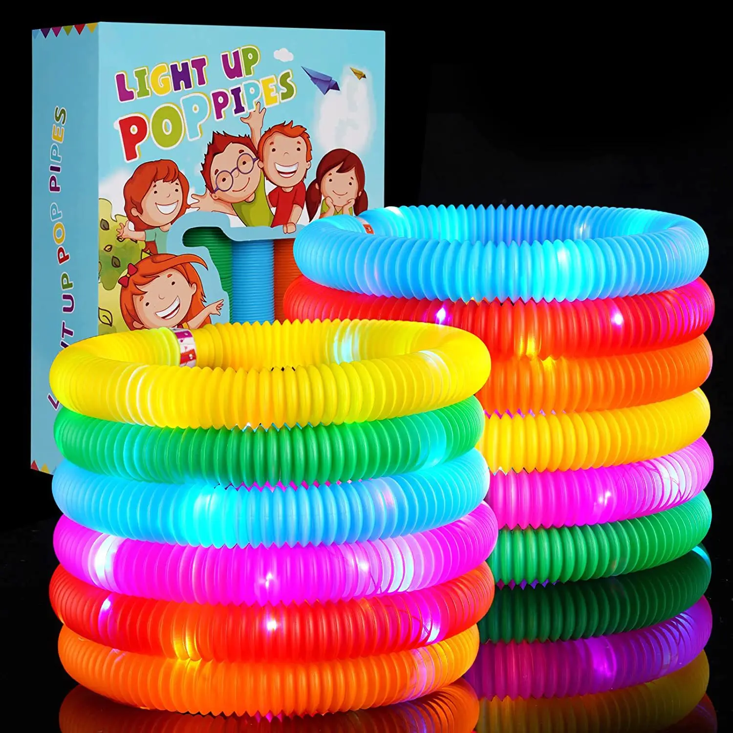 12-PC PVC Light Up Pop Pipes Stress Relief Toy Set, Glowing Classic Novelty Gift with Batteries, Christmas Favors, Interactive Play Kids Gifting Goodie Bag Fillers, Birthday Favors