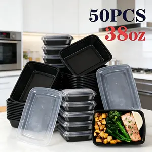 50 pieces, 38 ounces, black rectangular food storage container, meal container, disposable plastic portable with lid container, lunch box, stackable, suitable for microwave oven and dishwasher, kitchen organizing and storage supplies, outdoor camping