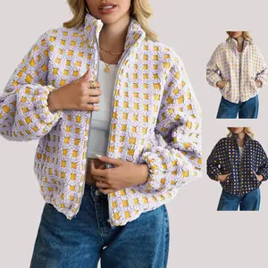 Women Checkered Sherpa Jacket Cropped Long Sleeve Fuzzy Plaid Fleece Coats Casual Zip Up Gingham Outwear