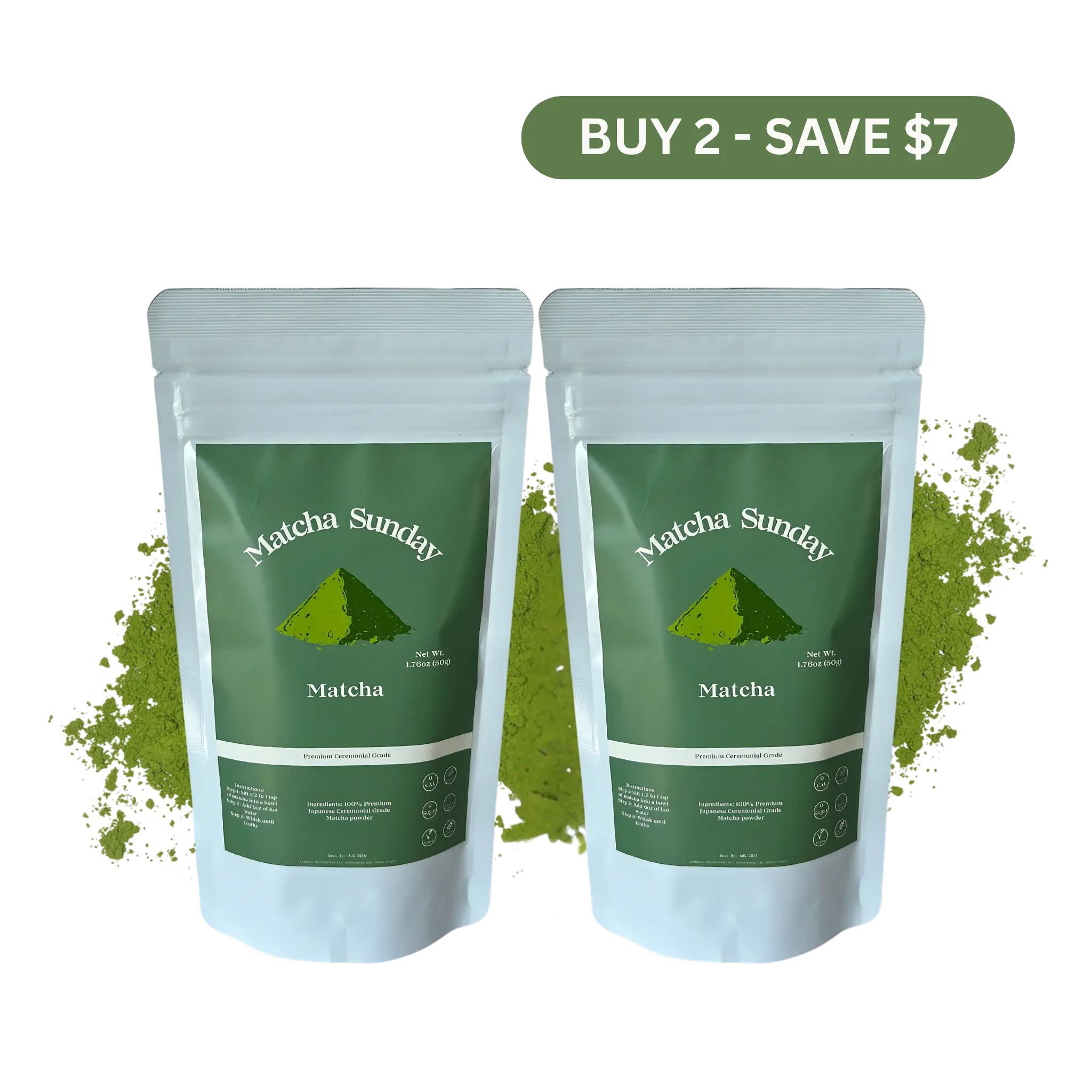 Matcha Sunday Ceremonial Grade Matcha Powder (50g) - Pack of 2 - Traditional Green Tea, Smooth, Vibrant, Savory, Stone Grind