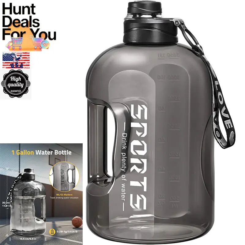 [SUPER Deals ] 4000ml 1 Gallon Water Bottle with Handle Large Gallon Water Jug with Strap Big Sports Bottle for Gym Reusable Black Water Container 128 oz Leak Proof BPA Free Wide Mouth for Easy Cleaning