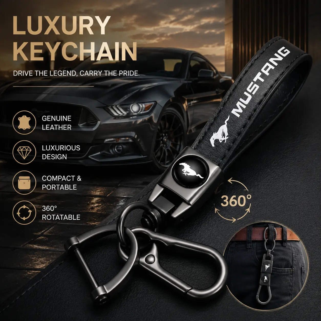Genuine Leather Mustang metal Keychain Luxury Premium Automotive Interior Accessory Luxury Decoration Ideal Gift for Car Owners anti-loss key ring