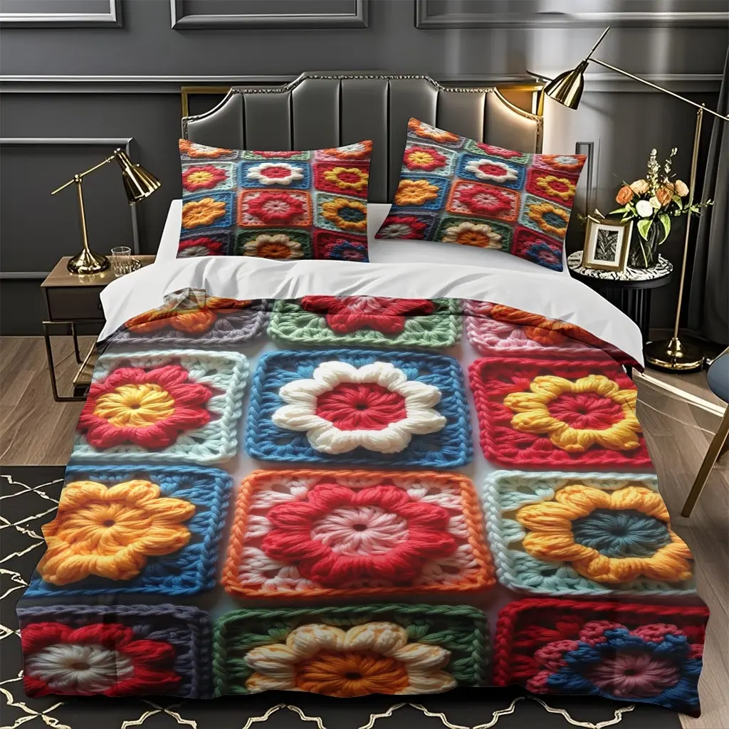 2/3Pcs Comfortable Crocheted Floral Square Patchwork Quilt Cover Set, High-Definition Digital Printing, Suitable For All Year Round! Clearance Sale Perfect Gift 100% Polyester Fiber Machine Washable (1 Duvet Cover +1/2 Pillowcase, No Filling)