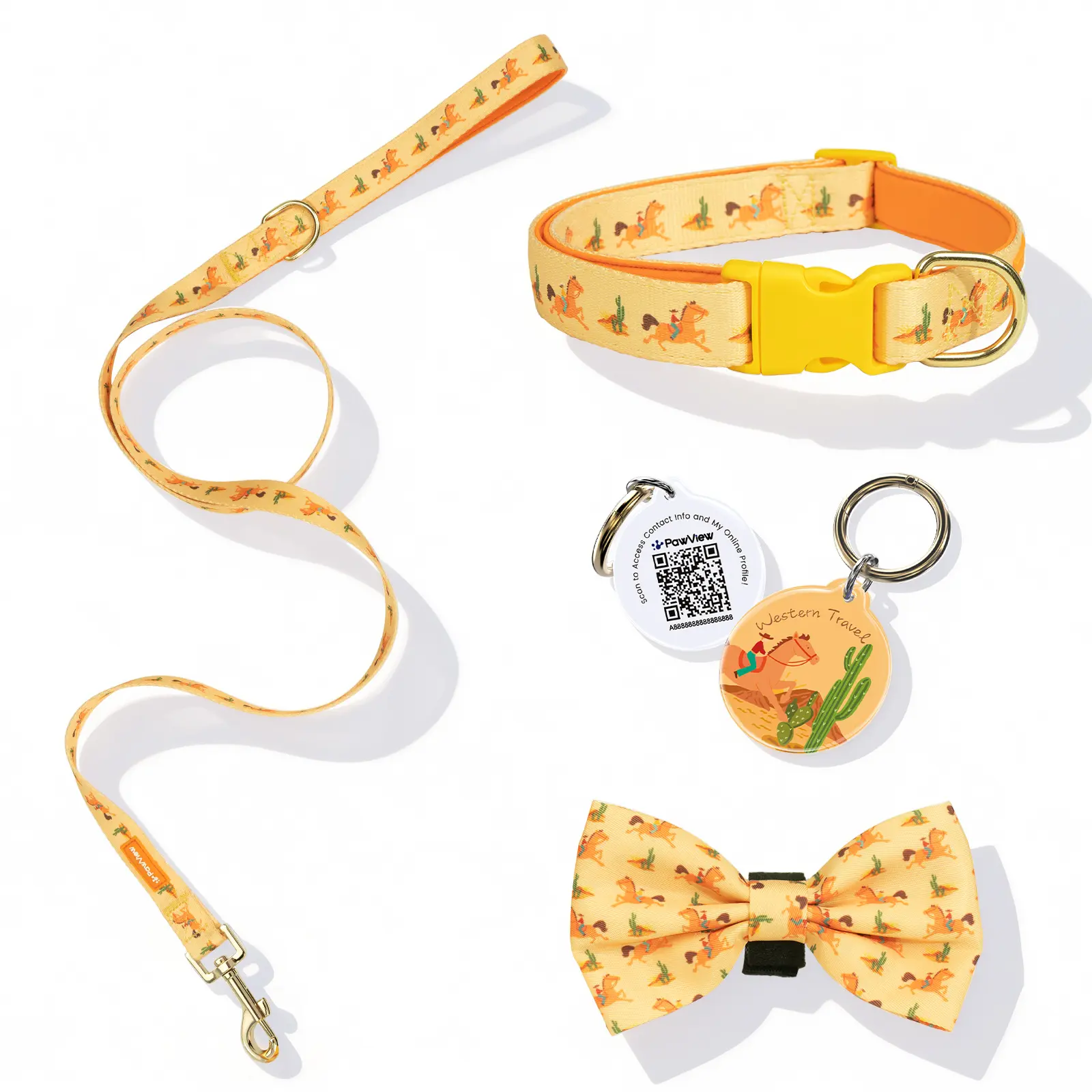 PawView Western Cowboy Dog Collar & Leash Set with Bowtie & QR ID Tag