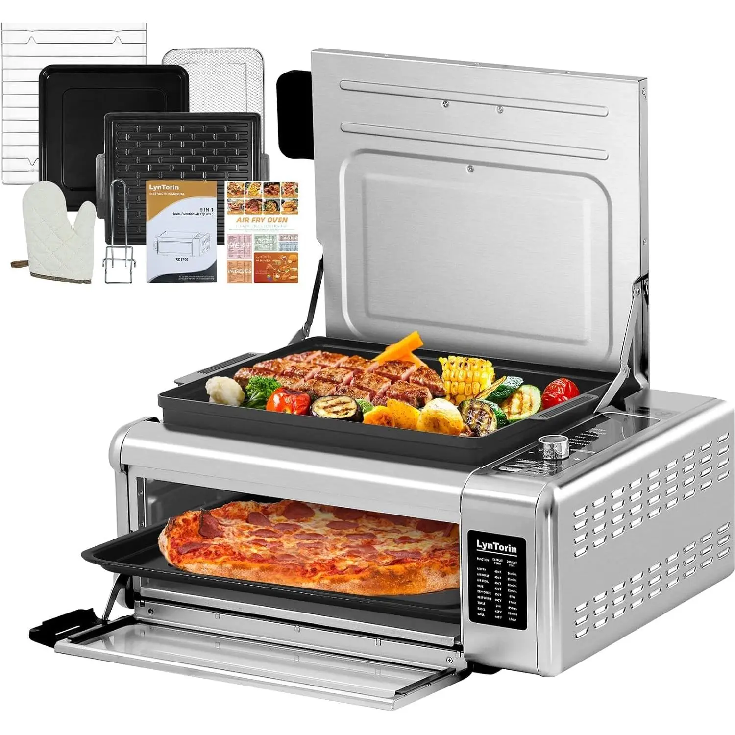 10-in-1 Compact Digital Countertop Oven - 18QT, Digital Control, Flip-Up Space-Saving Design, 9 Preset Functions, 1600W Easy-Clean Non-Stick Interior Electric Indoor Toaster Oven with Interior Light for Family, Apartments Kitchen Roasting