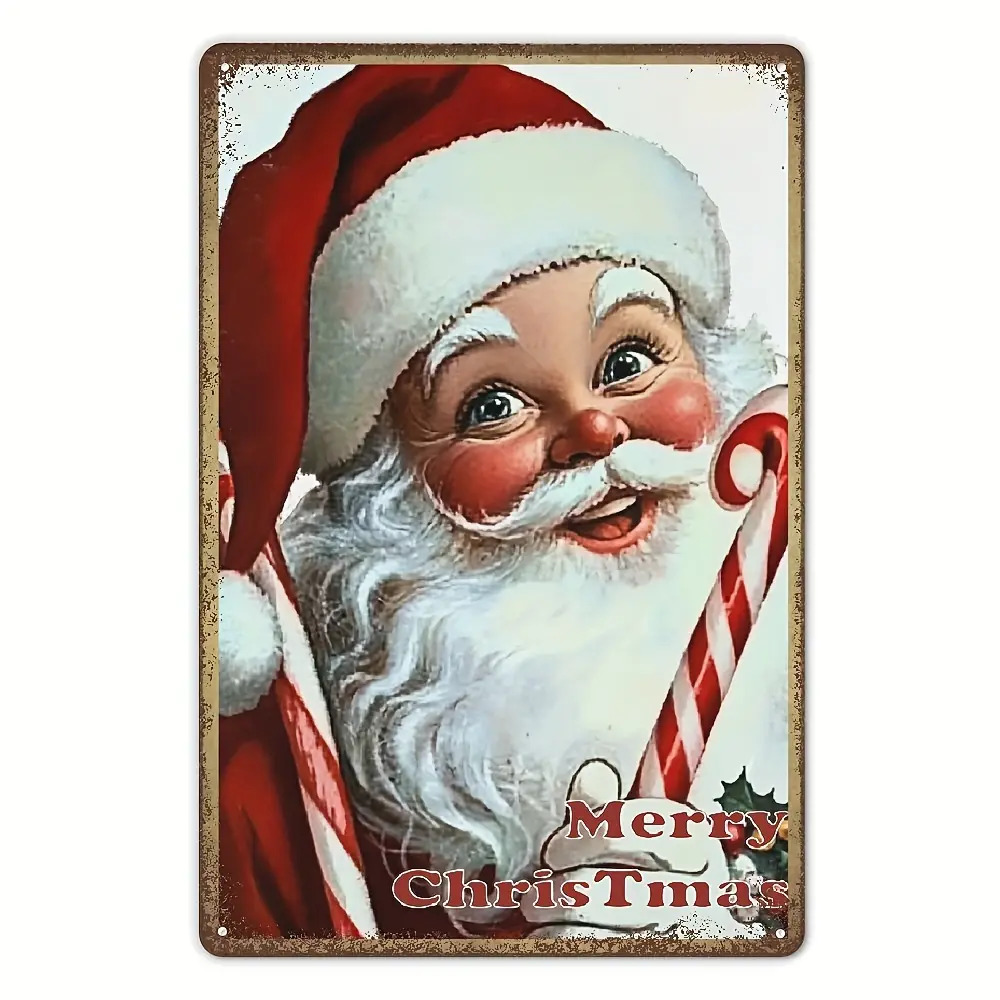 Santa with Candy Cane Christmas Sign, Metal Tin Sign Vintage Metal Signs Wall Decor Tin Sign Funny Decorations for Home Cafes Office Store Pubs Club Plaque Tin Sign