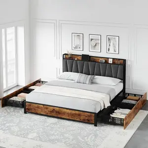 King Size Bed Frame with Storage Linen Upholstered Headboard, 4 Drawers Platform Bed Frame with Charging Station, No Box Spring Needed, Easy Assembly, Vintage Brown