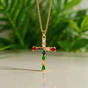 Gold Cross Necklace with Colorful Crystals for Women & Men ️ Elegant Religious Pendant Jewelry, Christian Gift for Birthday, Anniversary, Christmas, Mother’s Day, Valentine’s Day – Faith & Fashion Combined