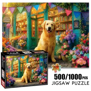 1pc 1000 piece adult puzzle 70x50cm Golden Retriever in Front of Colorful Flower - filled Bookstore 500 pieces paper jigsaw puzzle suitable for DIY creative games for adults and families, birthday
