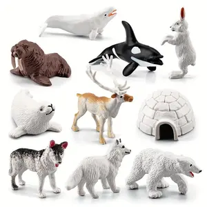 Arctic Animal Model Toy, 10pcs/set Cute Polar Fox Orca Whale Reindeer Husky Polar Bear Ice House Simulation Models, Home Desktop Ornaments, Cute Together Figures, Figures Combo