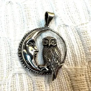 Solid Sterling Silver Moon and Owl Pendant