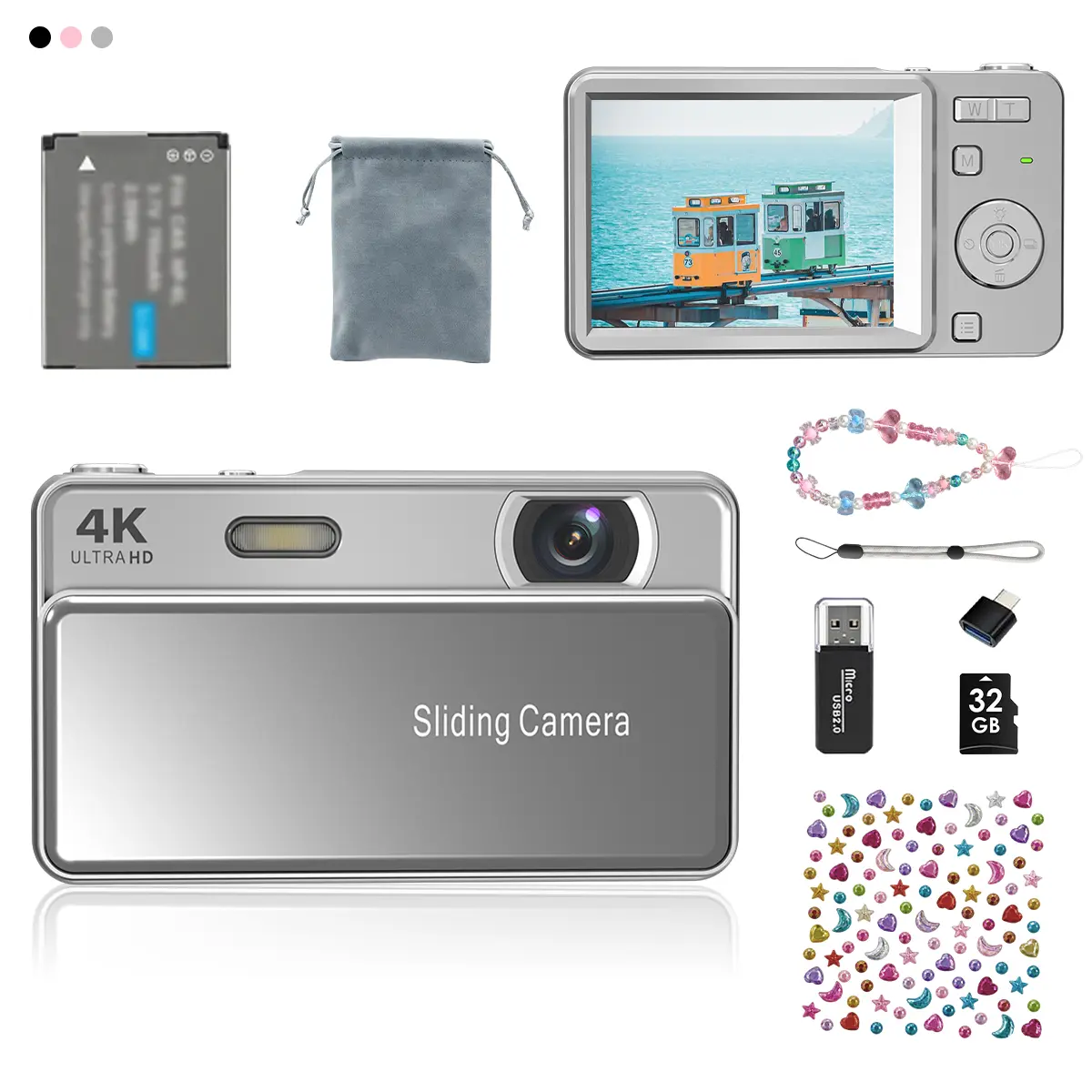 Digital Portable Slide Cover Point & Shoot Camera, HD Photo & Video Capture, 32GB SD Card, SD Card Reader, Adapter, Free Crystal Sticker & Bracelet, Ideal Birthday/Christmas Gift Set (sohochic), Digital Portable Camera