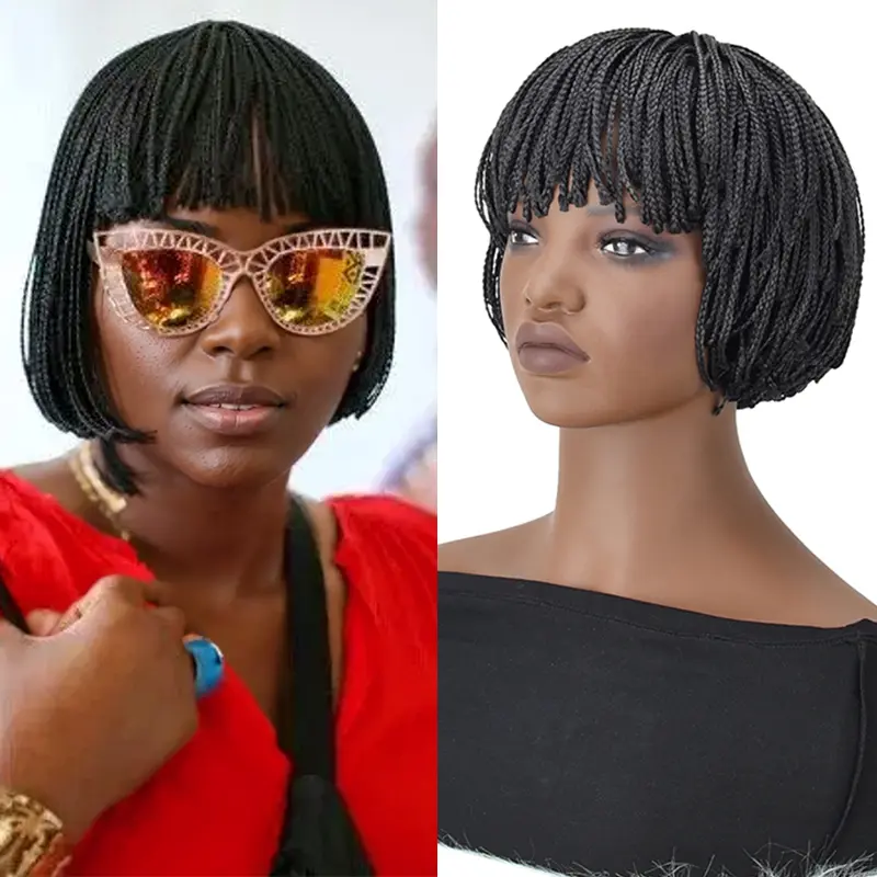 ZIHAN Women's 10-in Synthetic Full Machine Wig, Heat-Resistant Box Braided Bob Cut with Bangs, Glueless Lightweight Easy-Wear Natural Look Travel Accessory, Protective Braids Hairstyles Wig for Black Women, Box Braids