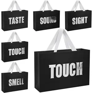 Five Senses  Bags for Him,12.6" Birthday  Bag with Ribbon Handles,5 Senses Black Bags with Silvery Word,for Birthday,Wedding,Anniversary,Valentine's Day, Party