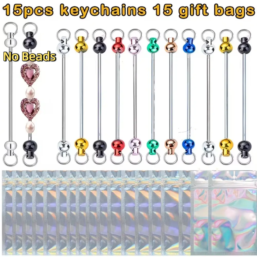 15 PCS Beadable Keychains with Gift Bags for Beads Bulk Blank Bar ID Name Badge Reels with Belt Clip Beadable Items for Nurse Teacher Office Jewelry DIY Gift
