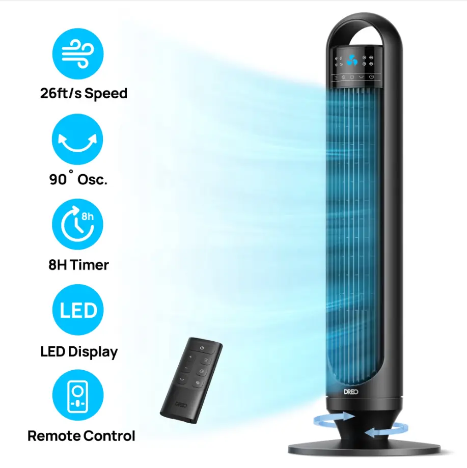 DREO Tower Fans for Home, 32" Standing Floor Fan, 26 ft/S Bladeless Fan with Remote, 90° Oscillating, 3 Modes, 3 Speeds, LED Display, 8H Timer, 22dB Ultra Quiet Room Fan