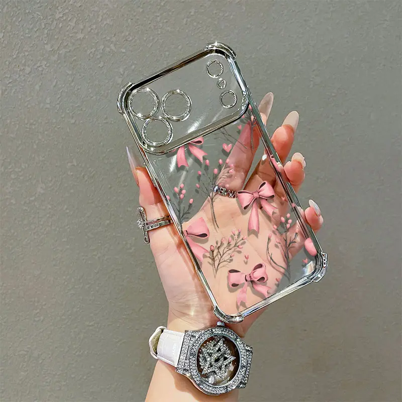 Transparent Pink Bow Electroplated 4-Corner TPU Safety Airbag Shockproof iPhone Cover - Multi-Model Casing Protector Accessory for iPhone 11/12/13/14/15/16/17 Pro Max