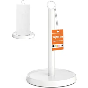 White Paper Towel Holder Countertop, White Kitchen Accessories Decor, Stainless Steel, Paper Towel Holder Stand for Bathroom Farmhouse Essentials, Weighted Base, Anti-Slip