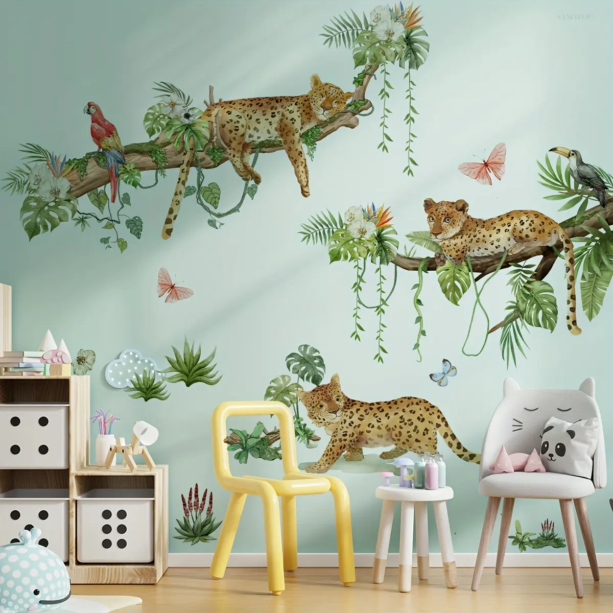 A set of 2 pieces (30*90cm*2pcs) of cheetah-on-branch with leaves and vines wall stickers for living room, bedroom, and home background decoration Wall Art Stickers Decorative Wall Sticker M19008-NC Decorative Decal