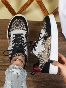 Women's Leopard Print Casual Shoes, Comfortable Breathable Low Top Sneakers, Ideal for Parties, Travel, Outdoor Activities