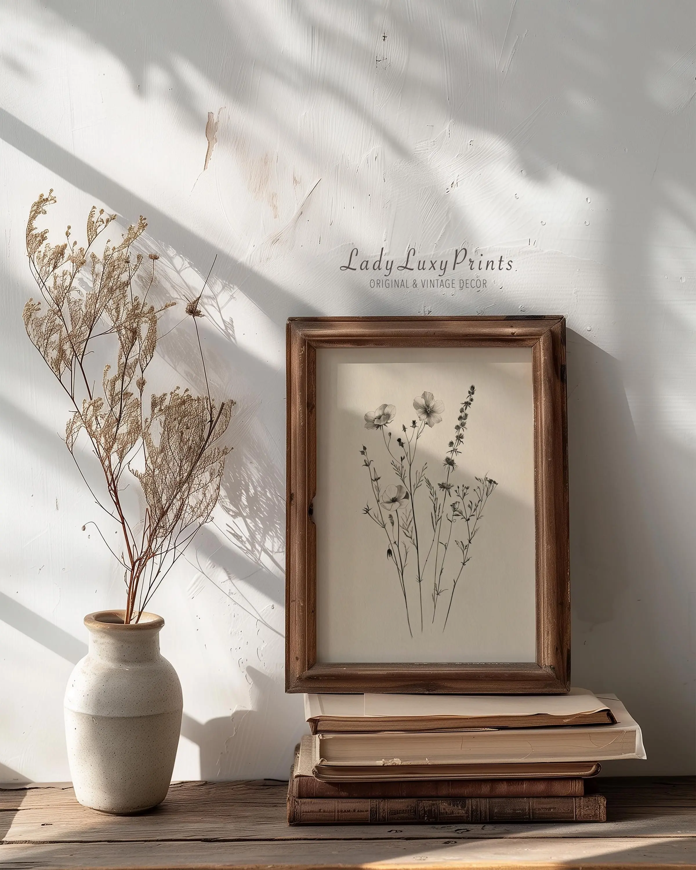 [SALE UP TO 40%] [Unframed] Minimal Botanical Line Art Print – Vintage Floral Sketch – Neutral Wall Decor – Wildflower Drawing