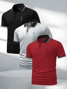 3-pack men’s summer cotton short-sleeve polo shirts with artistic font patterns; classic retro style; lightweight, versatile athletic casual outdoor fashion golf apparel; trendy black short sleeves—the best gift for men.