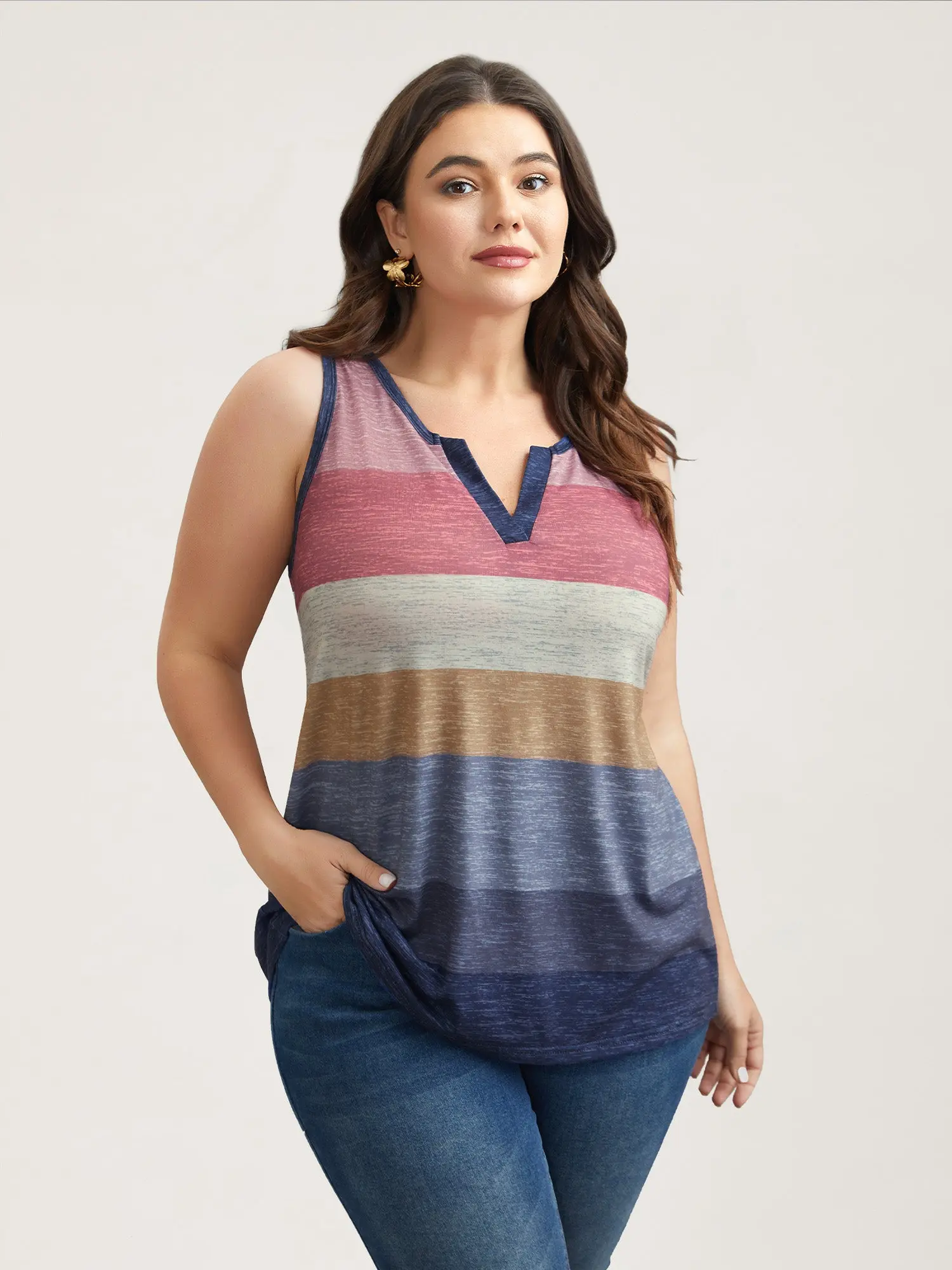 BLOOMCHIC Plus Size Women's Elegant Multicolor Striped Tank Top - Off-Sleeve,Multicolor Striped Sleeveless Tank Top, Lightweight Stretch Summer Vacation,Casual Comfy Cami,Summerfinds,back to school,back to school shopping