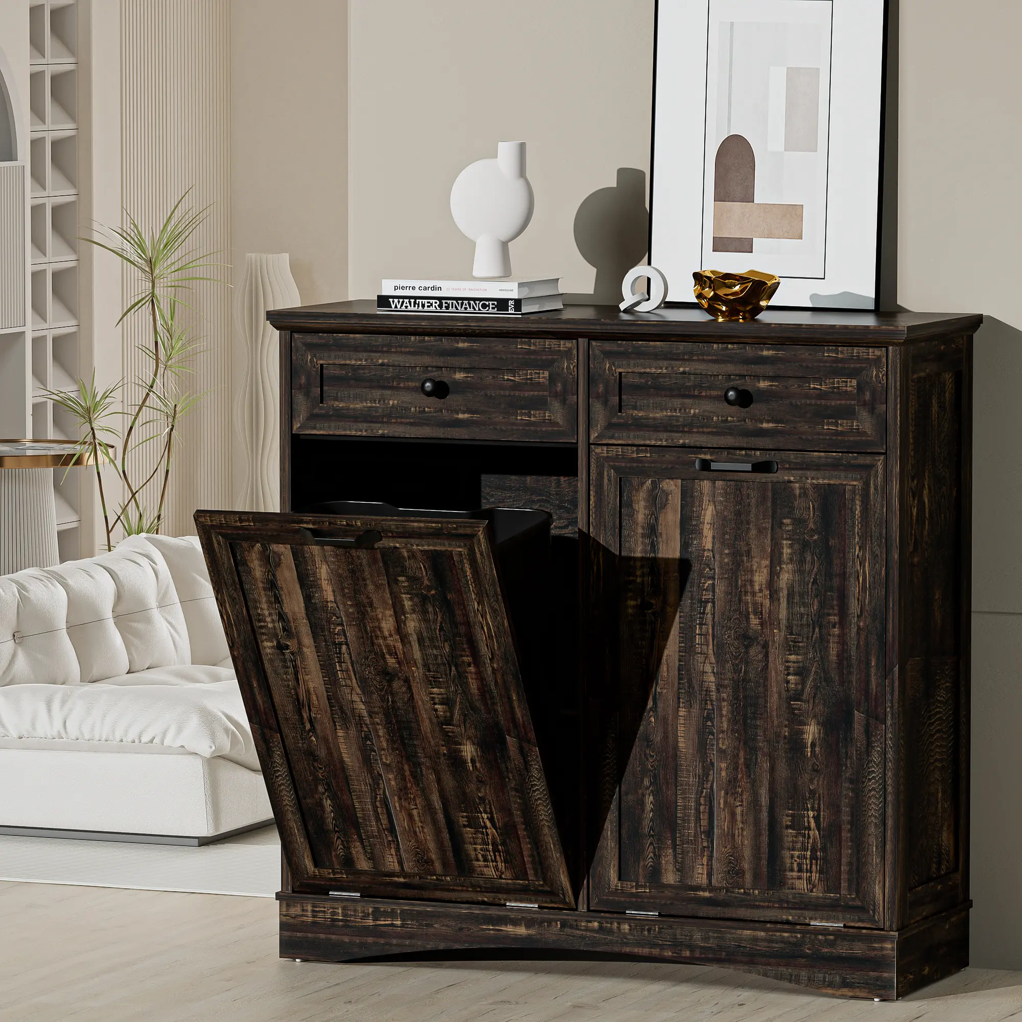 【Does Not Include Trash Can】Spurgehom Double Tilt Out Trash Cabinet with 2x13 Gallon Trash Can Storage, Freestanding Kitchen Trash Can Cabinet with Hideaway Drawers, Pet Proof for Kitchen homeessentials