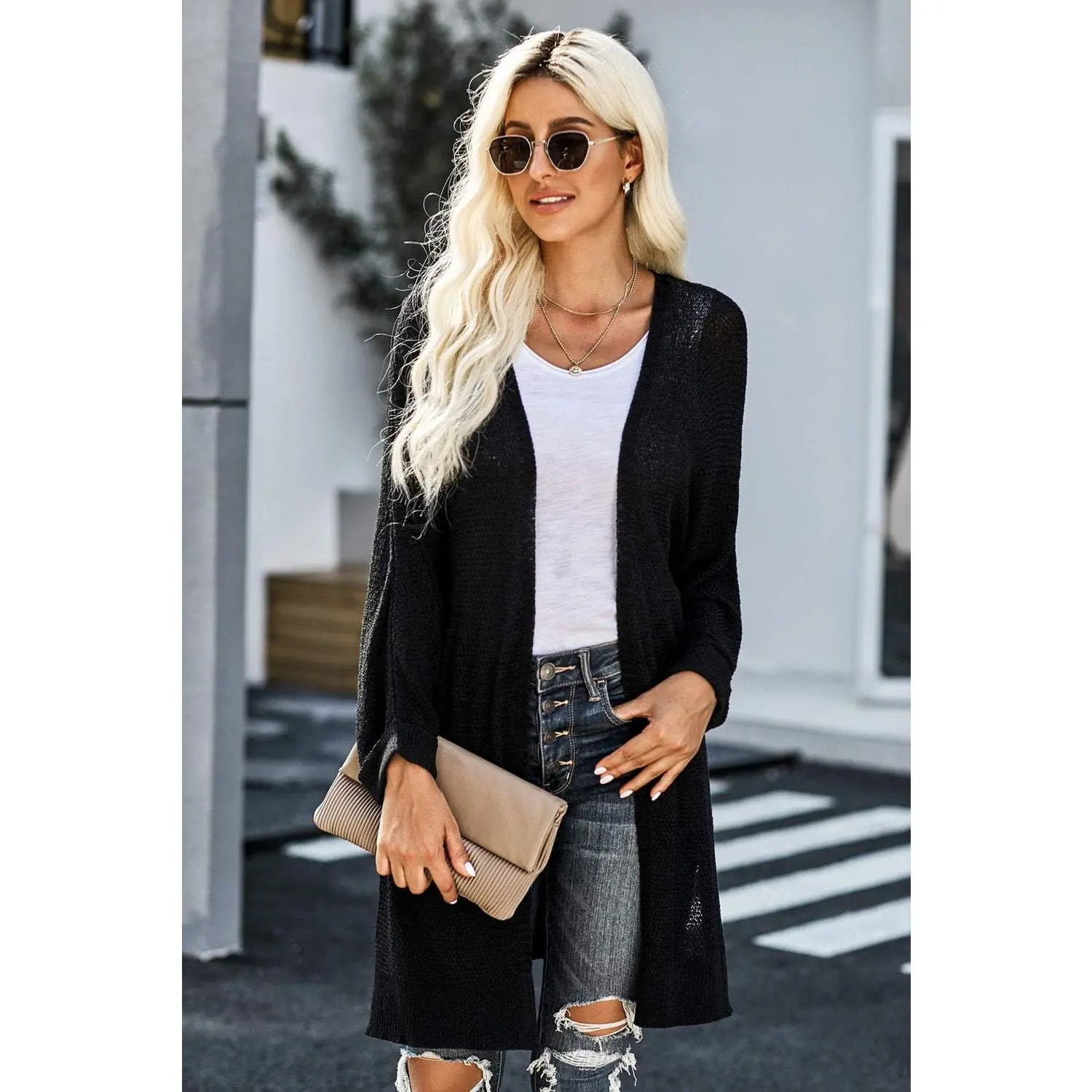 Side Slit Open Front Knit Longline Cardigan