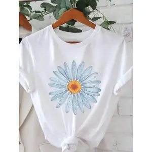 Womens Cotton Short Sleeve Graphic Tee Blue Daisy Flower Print Crewneck Casual Summer Top Soft Breathable Lightweight Everyday Vacation Beach Streetwear