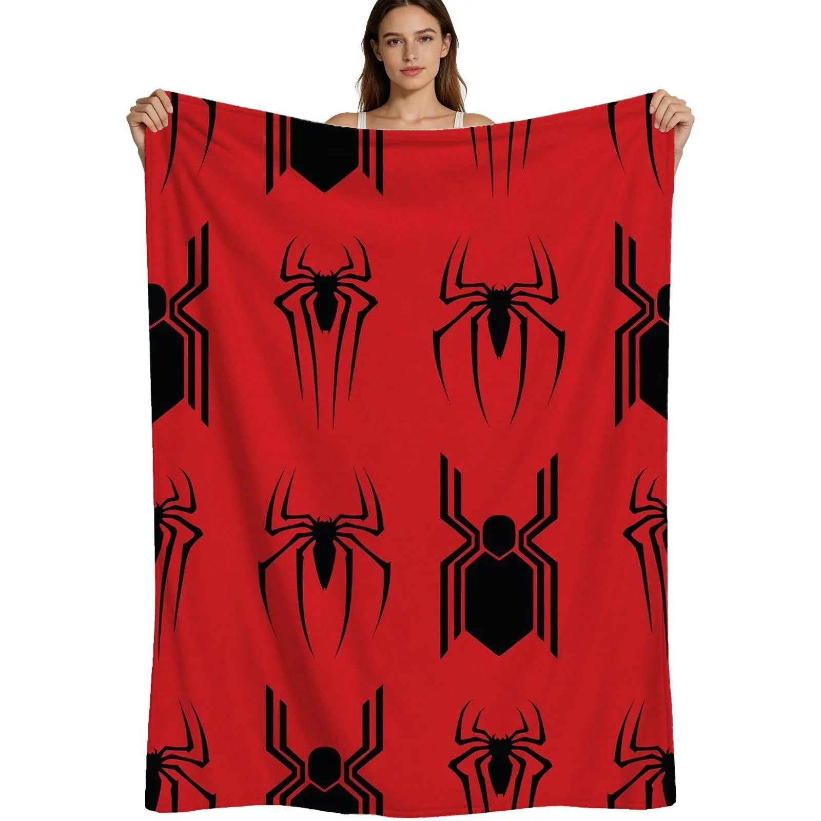 Spider Man Style, Warm Flannel Blanket, Black Spider Pattern On Red Background, Soft Fleece Fabric With Durable Stitching, For Fans And Bedroom Use, 4 Sizes Available Single Pack