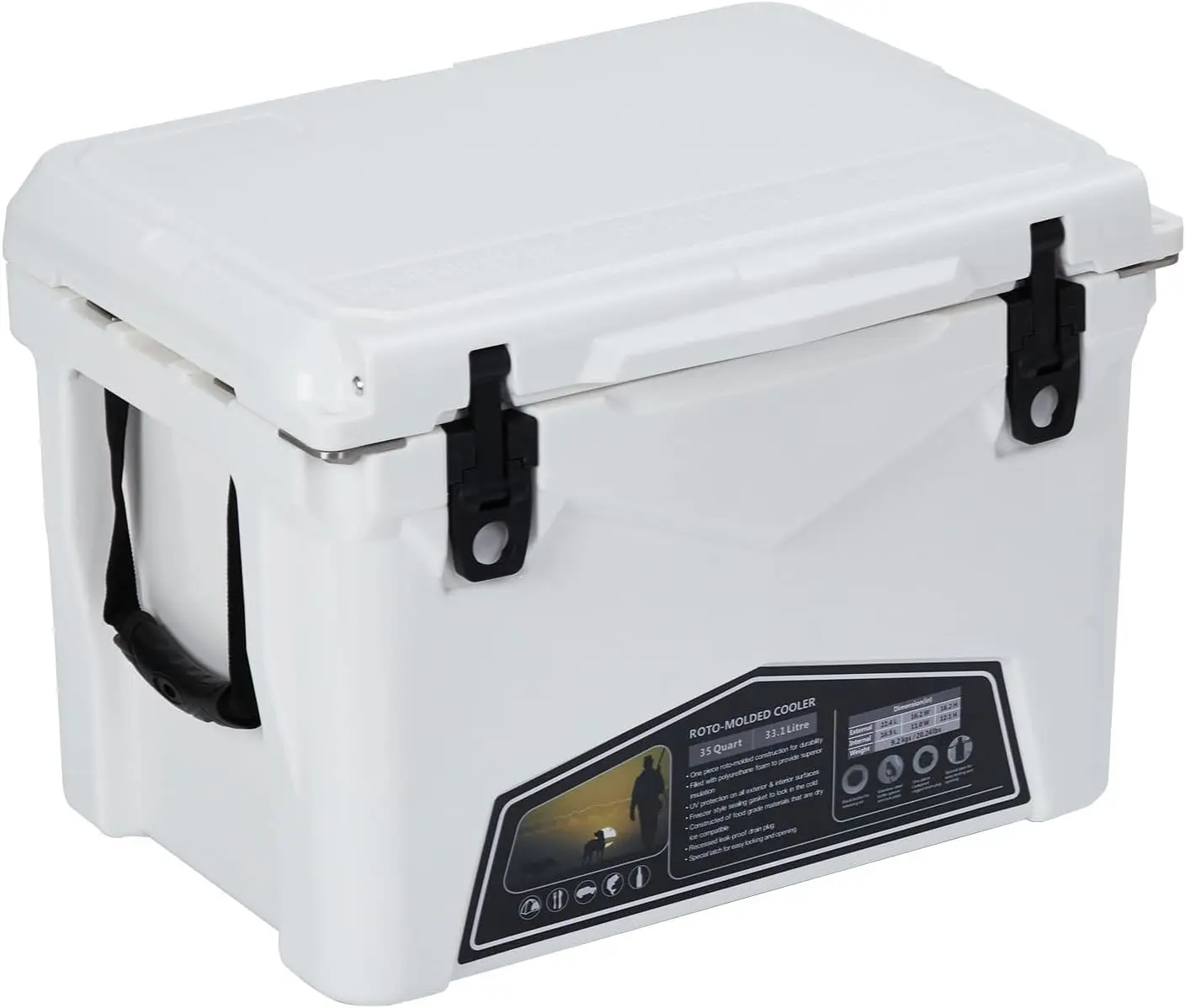 20-Qt White Premium Rotomolded Portable Food & Beverage Cooler - Heavy Duty, Durable, Heat Insulating Ice Cooling System, 5-Day Ice Retention, Sturdy Lid, Fish Ruler, Cup Holders, Drain Plug, Nonslip, Ergonomic - Ideal for Outdoor Fishing, Tailgating
