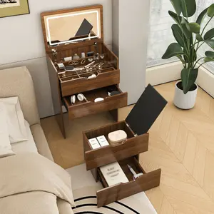 3-in-1 Vanity Desk with Lighted Mirror & Stool, Flip Top Makeup Dressing Table, Compact Storage for Bedroom, Bathroom, Dressing Room(23.62"L, Walnut)