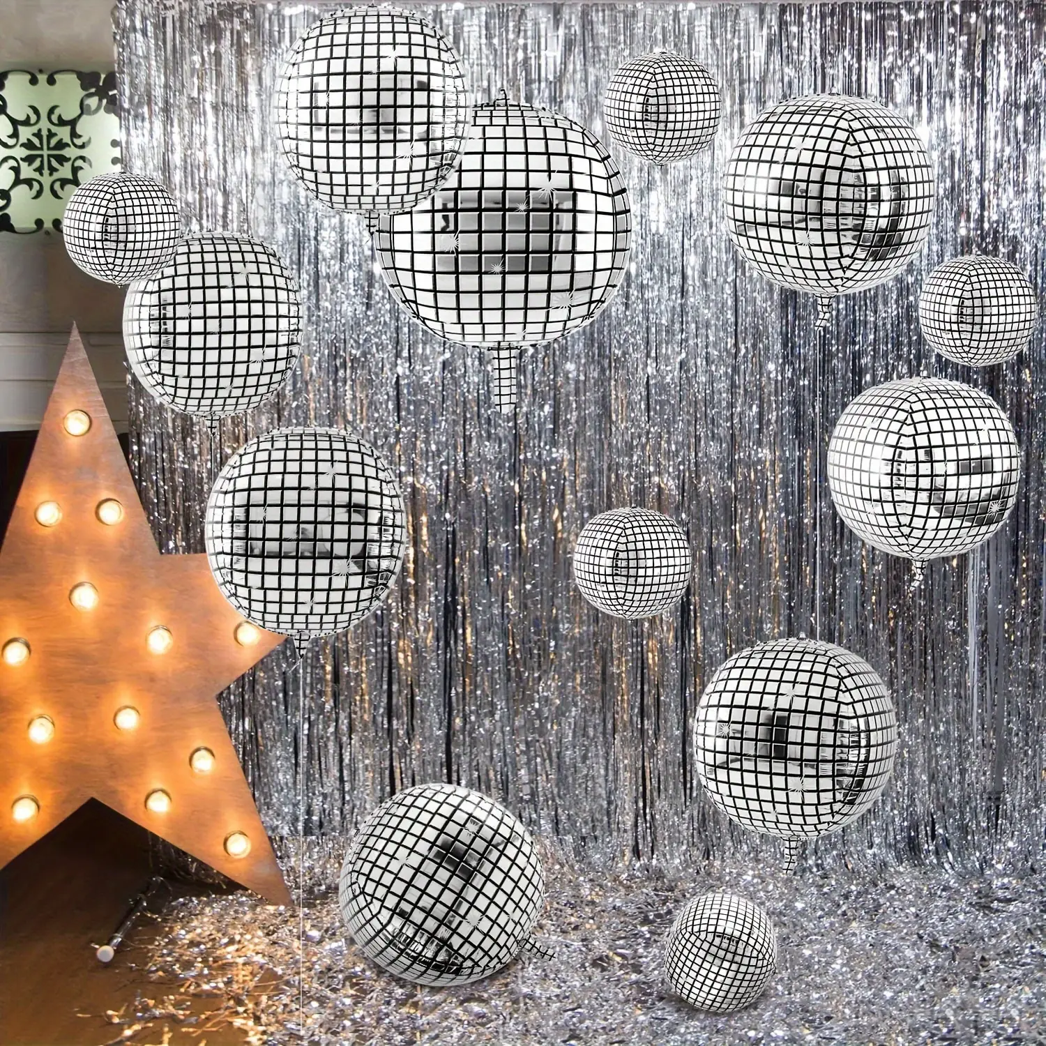 14 Pcs Disco Party Decorations Disco 10 PCS Silver Foil Ball Balloons +2 Pack Silver Fringe Party Decorations Big Disco Balloons Disco Dance Party 70s 80s Music Festival Birthday Party Supplies