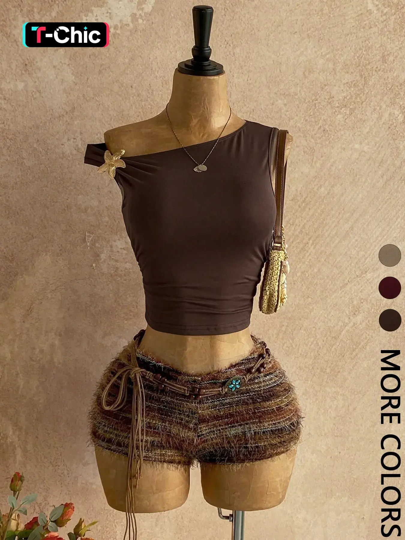 Y2K Aesthetic Casual Womenswear One-Shoulder Sleeveless Metallic Accent Crop Top & Vintage Fringe Tweed Shorts Set Striped Sets Shorts Sets Outfits Summer Sets