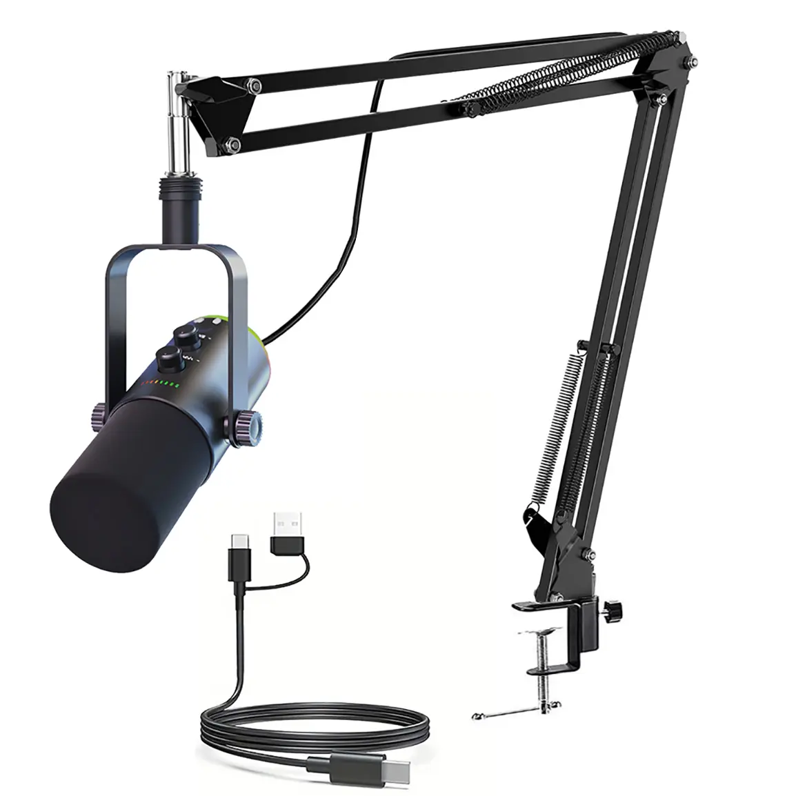 XLR/USB Dynamic Microphone Kit, RGB Podcast Mic with Mute, Gain Knob, Volume Control, Adjustable Boom Arm for Streaming, Gaming, Voice-Over, Recording, Recording Set, Wired Recording