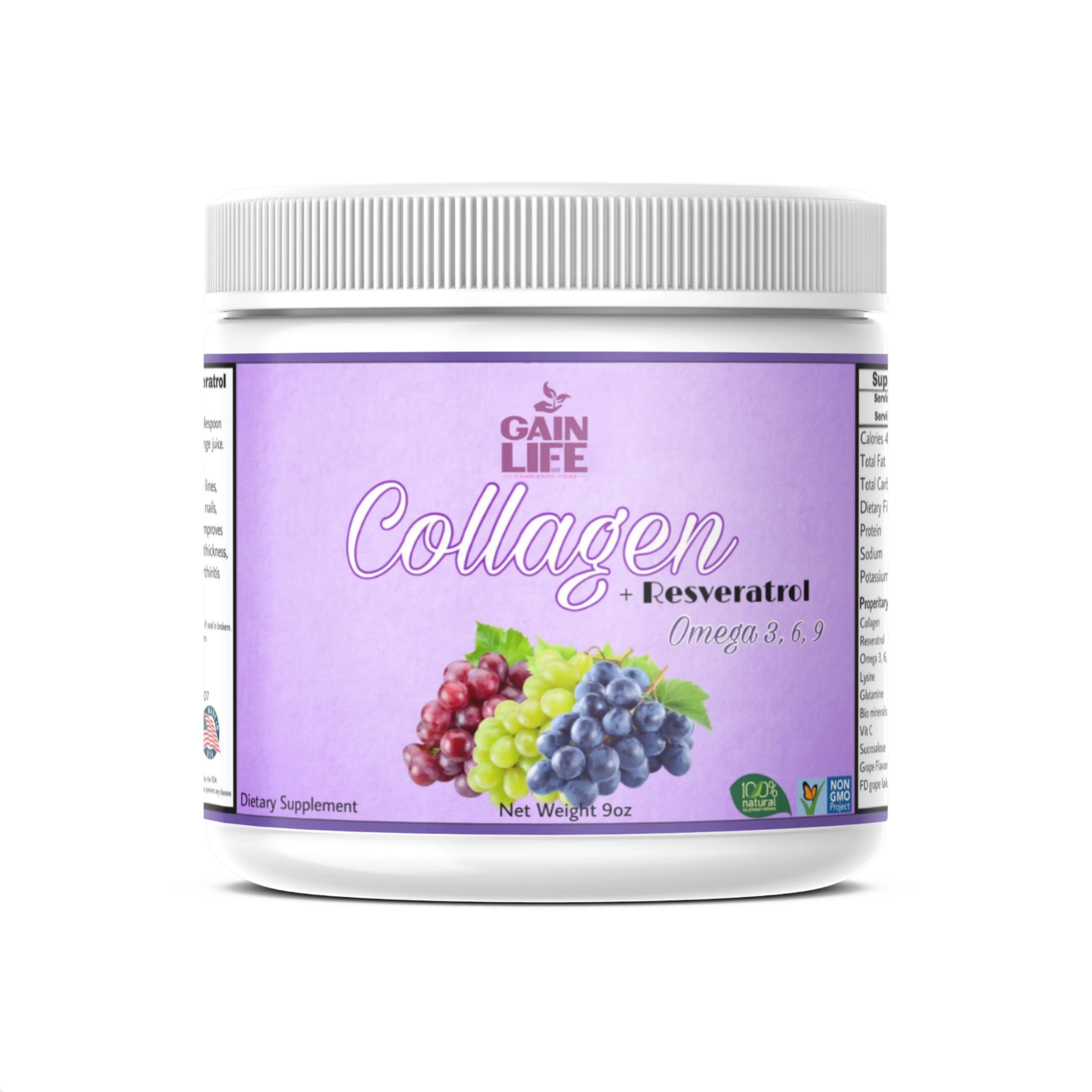 Gain Life Collagen + Resveratrol Omega 3 6 9 Vitamin Drink Mix Powder Dietary Supplement