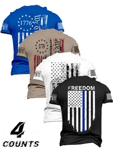 4-Pack Men's Slim Fit Patriotic T-Shirts, American Flag Print Breathable Short Sleeve, Summer Essential, Street Style, Loose-Fitting, Fashion