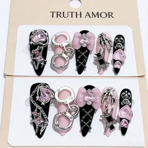 10 Pieces, TRUTH AMOR Pure Hand-Painted + Mine-Style Y2K Sweet-Spicy Handmade Nails, Nail Art Design, Spicy Girl Minimalist Style, Ultra-Thin Removable Press-On Nails, Reusable Nails, Invisible Bow Pattern, Style for Parties + Dates + Music Festivals