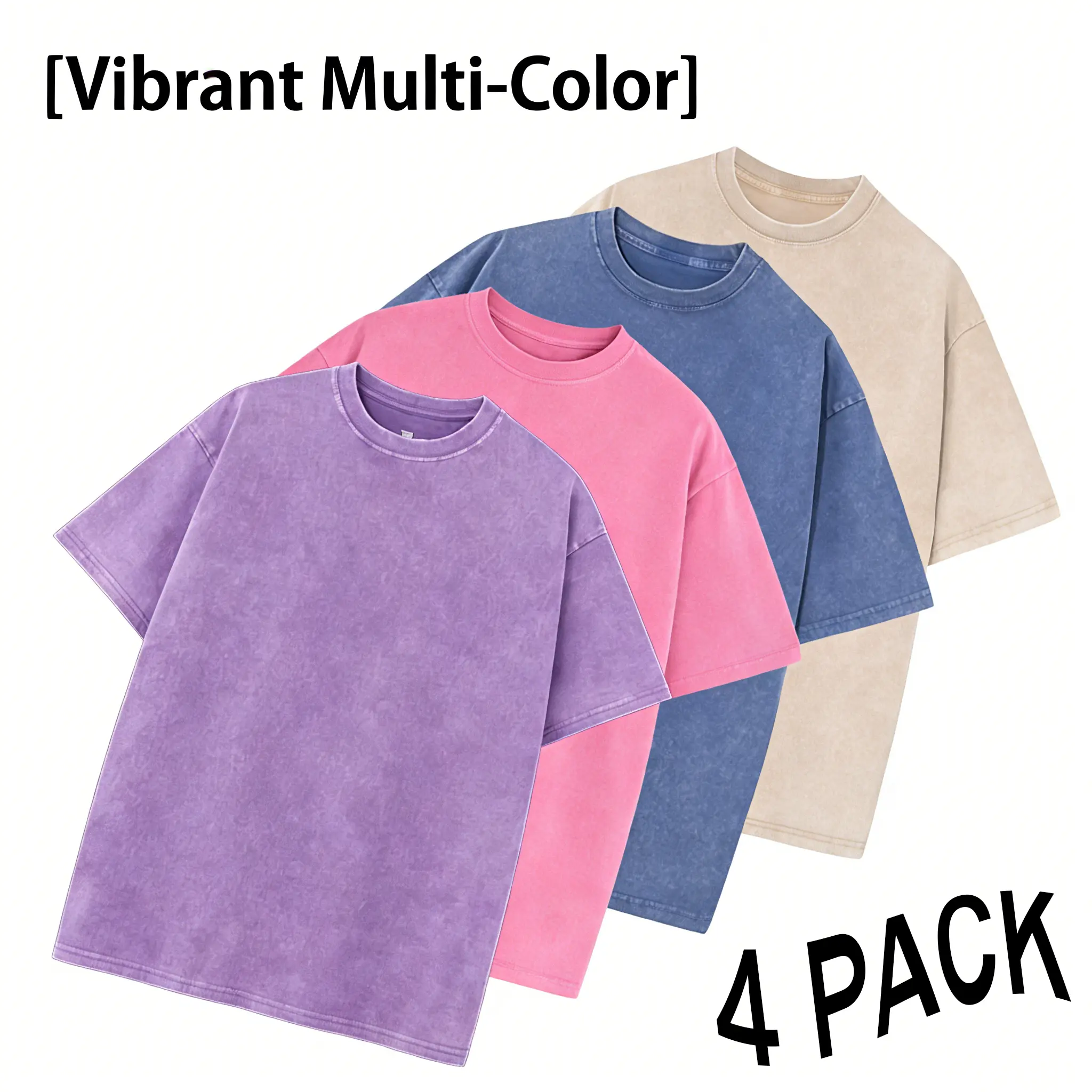 Women's 4-Pack Acid Wash T-Shirt Bundle, Unisex Oversized Heavyweight Cotton Tops, Soft Vintage Round Neck Shortsleeve Baggy Breathable Plain Streetwear Tees, Menswear, Distressed, Men's T Shirts
