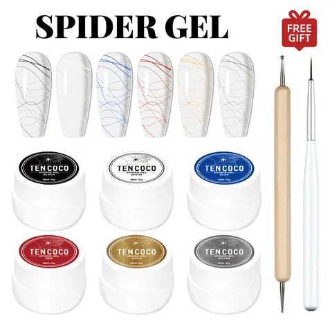 Tencoco 6-Color Flawless Spider Gel Manicure Set - 5ml HEMA/TPO-Free FDA-Certified Aesthetic Gel Nail Polish Nail Care Kit with Liner Brush, Dotting Pen, High Elasticity Wire Drawing Formula, At-Home Use, Free Gift for Women (Contains Alcohol)