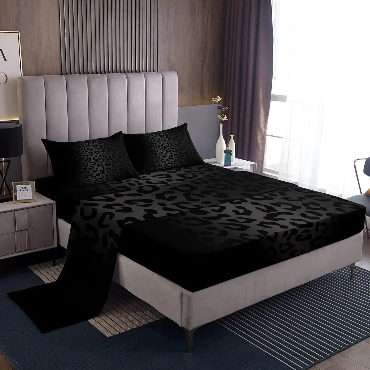 Feelyou Leopard Cheetah Print Polyester Microfiber Decorative Bedding Set - Queen Size, Deep Pocket Fitted Sheet, Breathable, Black Animal Graphic Bedding, Safari Room Decor, Machine Washable, Polyester Microfiber Bedding