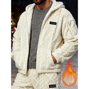 Men's hooded thick lambskin warm jacket Large loose casual fleece hooded cardigan American style trendy diamond grid embossed thick coral fleece jacket
