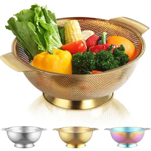 Gold Colander 5 Quart, Professional Titanium Gold Plating Stainless Steel Strainer with Heavy Duty Handles and Self Draining Solid Ring Base, Easy Clean and Dishwasher Safe Kitchen Utensils