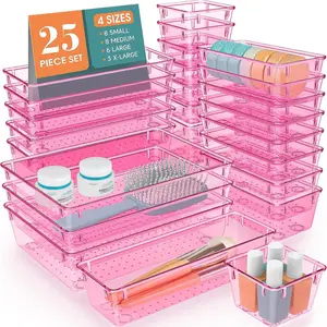 25 PCS Plastic Drawer Organizer Set, 4 Sizes Desk Drawer Divider Organizers and Storage Bins for Makeup, Jewelry, Gadgets for Kitchen, Bedroom, Bathroom, Office, Clear Pink