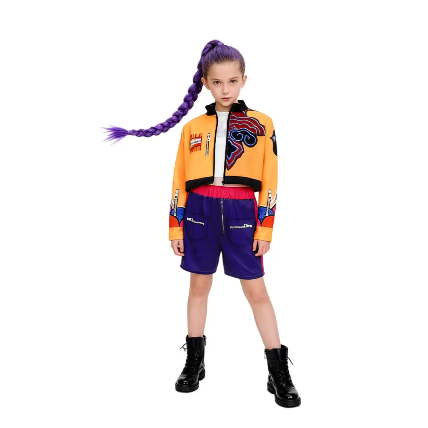Girls' 3-Piece Costume Set, Lightweight 3D Print Superstar Dance Outfit with Jacket & Above Knee Shorts for Halloween Party Events, Female, 3-Pieces, Soft Fabric